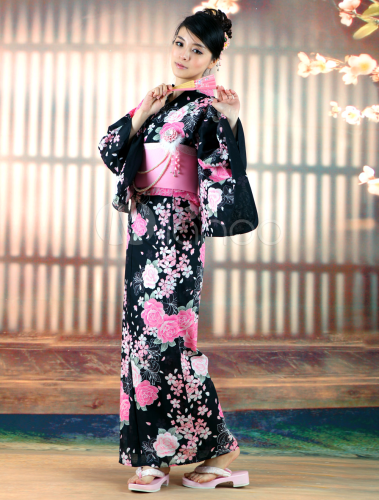 Classic Black Sakura Print Kimono - Milanoo.com