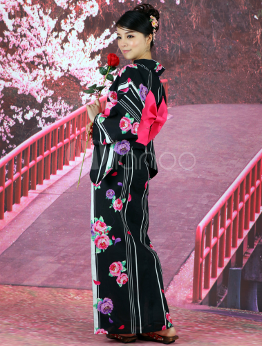 Retro Black Rose Print Cotton Slub Women's Kimono - Milanoo.com