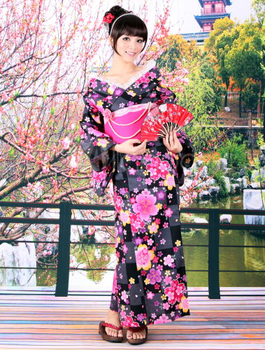 Grace Black Sakura Print Cotton Slub Women's Kimono - Milanoo.com