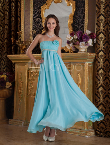 Sky Blue Strapless Flower Beading Silk Like Prom Dress - Milanoo.com