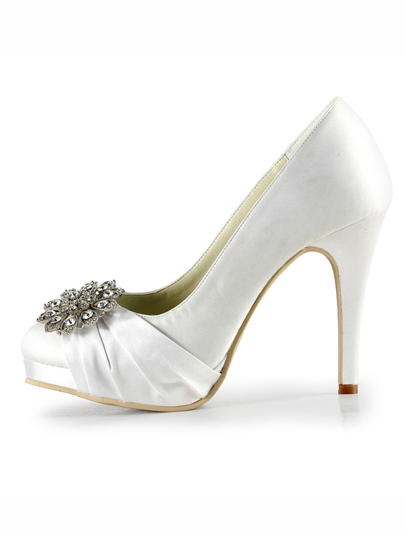 White Round Toe Platform Satin Faux Fur Bridal Shoes - Milanoo.com