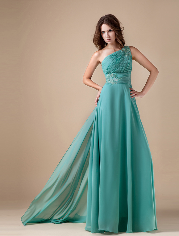 Turquoise Chiffon One Shoulder Prom Dress - Milanoo.com