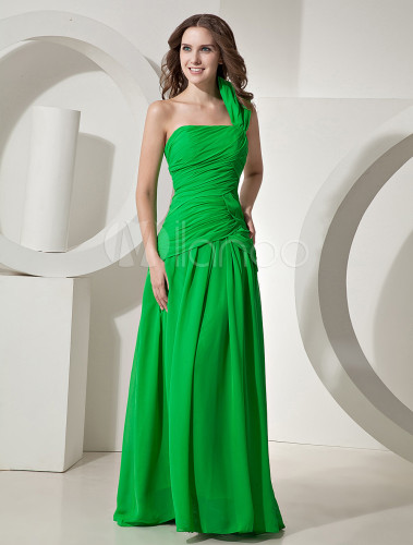 Forest Green One-Shoulder A-line Chiffon Prom Dress - Milanoo.com
