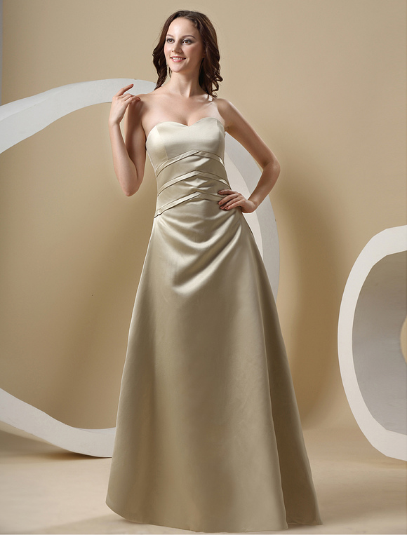 Sweetheart Strapless Satin Floor Length Gold Champagne Bridesmaid Dress ...