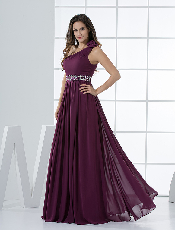 Grape Elegant A-line Rhinestone One-Shoulder Long Evening Dress ...