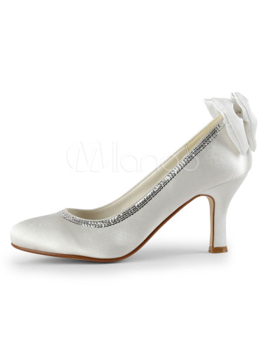 Grace White Silk And Satin Back Bow Women's Mid High Heels - Milanoo.com