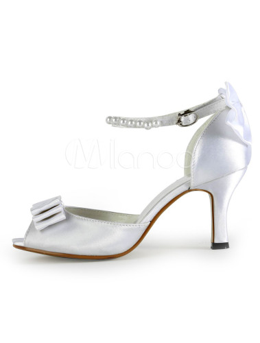 Elegant White Silk And Satin Peep Toe Bow Ankle Strap Women's Mid High ...