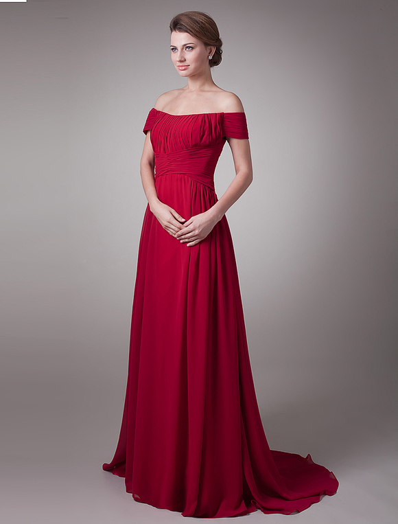 Red Wine Ruched Chiffon Mother of the Bride Dress with Off-The-Shoulder ...