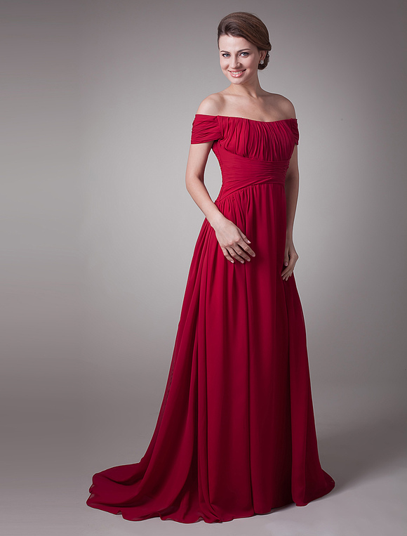 Red Wine Ruched Chiffon Mother of the Bride Dress with Off-The-Shoulder ...