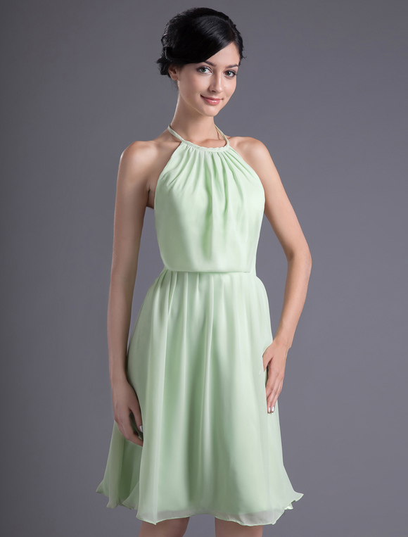 Short Bridesmaid Dress Pastel Green Party Dress Halter A line Chiffon ...