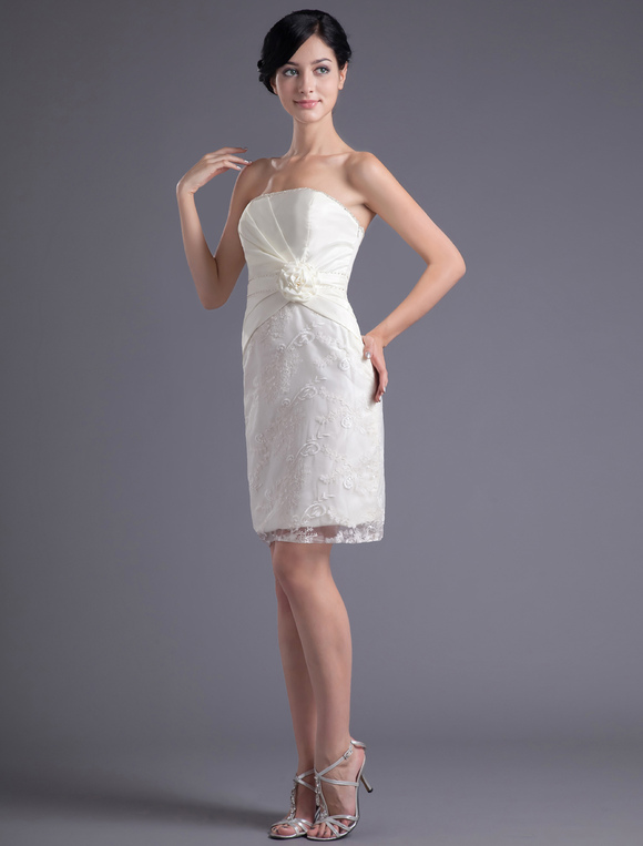 Sheath Ivory Lace Floral Strapless Wedding Dress - Milanoo.com