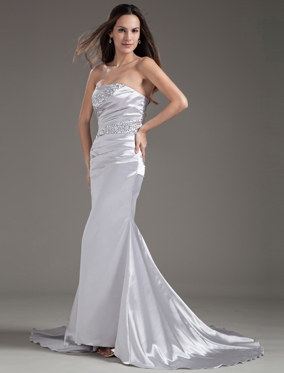 Elegant Sheath Sequin Strapless Silver Evening Dress - Milanoo.com