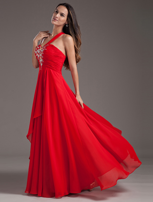 Sexy A-line Red Chiffon Sequin One-Shoulder Prom Dress - Milanoo.com