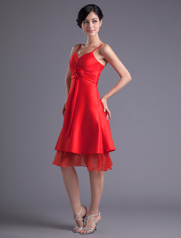 A-line Red Satin Floral Straps Knee-Length Fashion Bridesmaid Dress ...