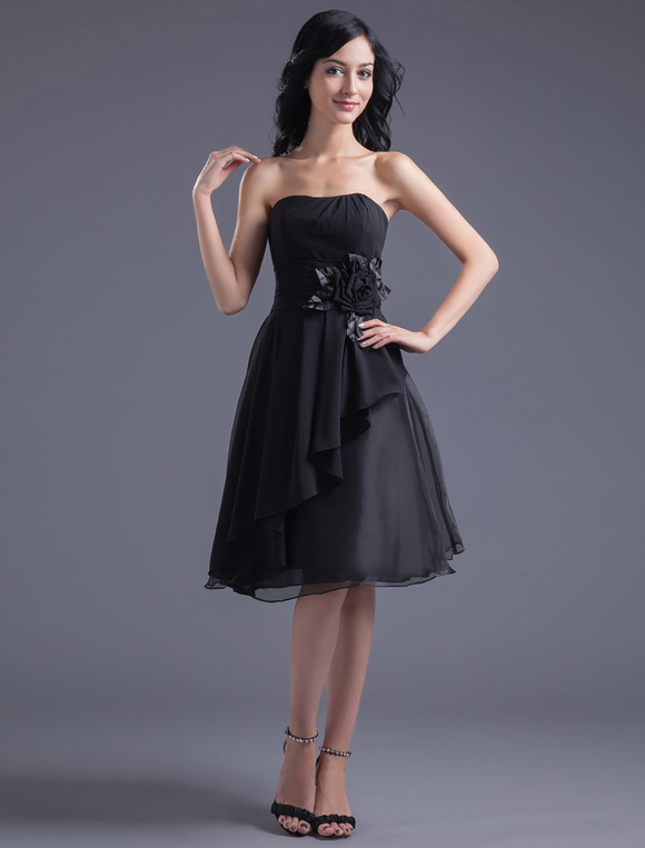 Black Bridesmaid Dress Strapless Backless Flowers Chiffon Dress ...