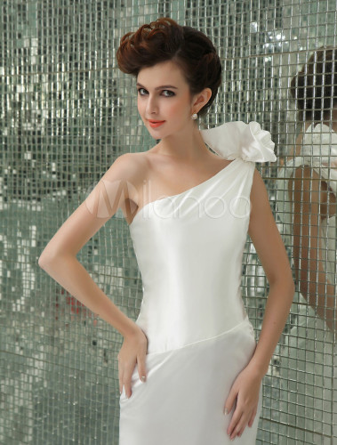 White One-Shoulder Floral Bridal Wedding Gown - Milanoo.com
