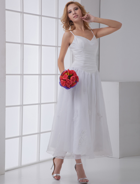 Boda Vestidos de novia | Vestidos De Novia Sencillos Blanco Linea-A Correa De Espagueti Aplique De Organdí Vestido De Novia - JU62857