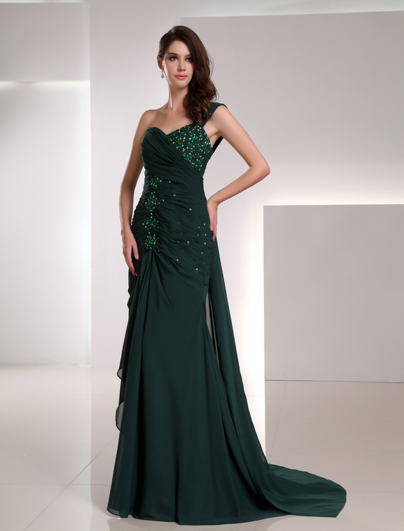Sheath Dark Green Chiffon Sequin One-Shoulder Fashion Prom Dress ...