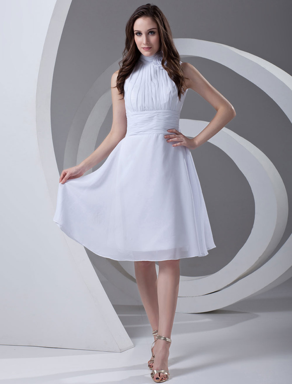 White A-line High Collar Floral Ruched Chiffon Bridal Wedding Dress ...