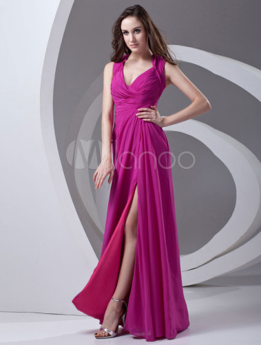 Sheath Fuchsia Chiffon Cut Out Split Floor-Length Women's Prom Dress ...