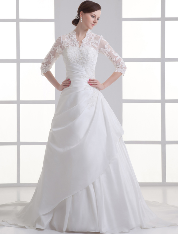 Mariage Robes de mariée | Robe de mariée trapèze blanche en taffetas demi-manche en dentelle laçage sur dos à traîne robe de mariage - FF22648