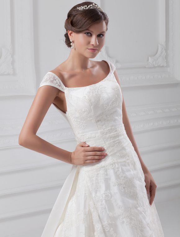 Ivory A-line Off-The-Shoulder Embroidered Taffeta Bridal Wedding Dress ...