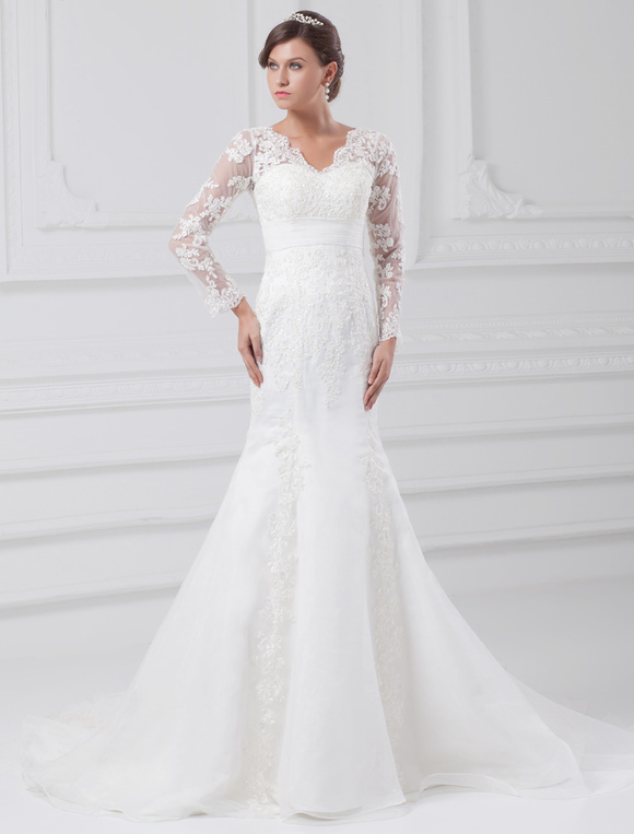 Mariage Robes de mariée | robe de mariée sirène manches longues en dentelle fermeture à glissière appliques robe de mariage - HK36169