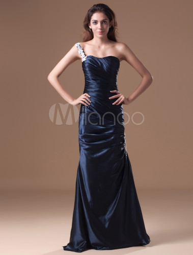 Slimming Dark Navy Beading One-Shoulder Women's Evening Dress - Milanoo.com