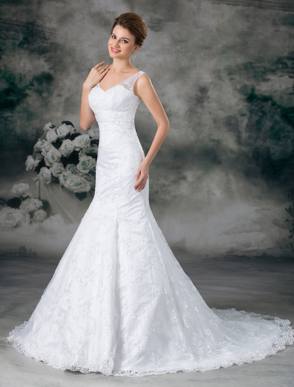 White Mermaid Off-The-Shoulder Lace Wedding Dress For Bride - Milanoo.com