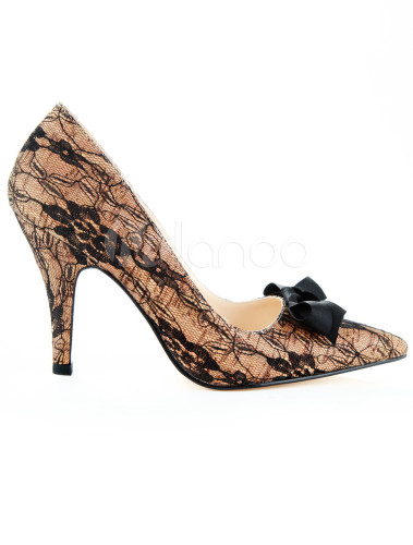 Elegant Cane Lace Bow Stiletto Heel Dress Pumps - Milanoo.com