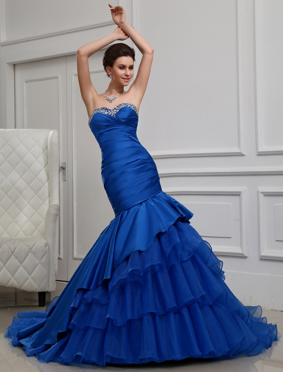 Blue Evening Dress Mermaid Strapless Tiered Rhinestone Satin Dress ...