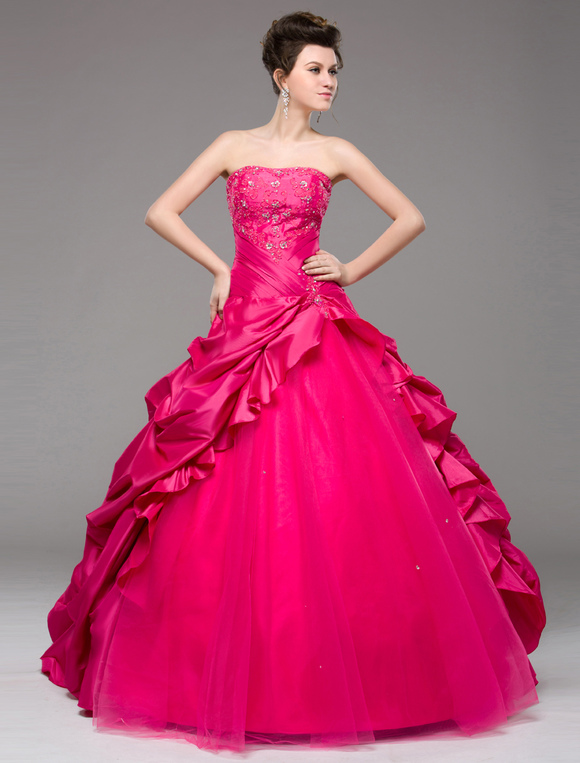 Ball Gown Prom Dress Hot Pink Taffeta Strapless Occasion Dress Beading ...