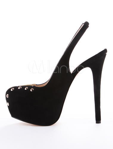 Black Rivet Zipper Stiletto Heel Almond Toe Stylish Slingbacks For ...