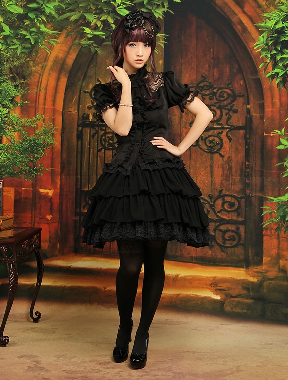 Black Chiffon Lolita Skirt Layers Ruffles Lace Trim - Milanoo.com