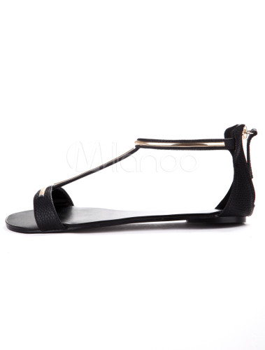 Stylish Black PU Leather Woman's Beach Sandals - Milanoo.com