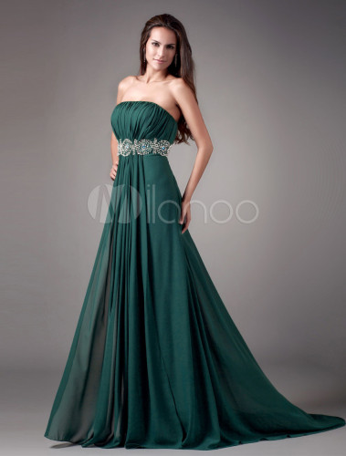 Abito per la madre della sposa verde scuro in chiffon con perline e  strascico - Milanoo.com
