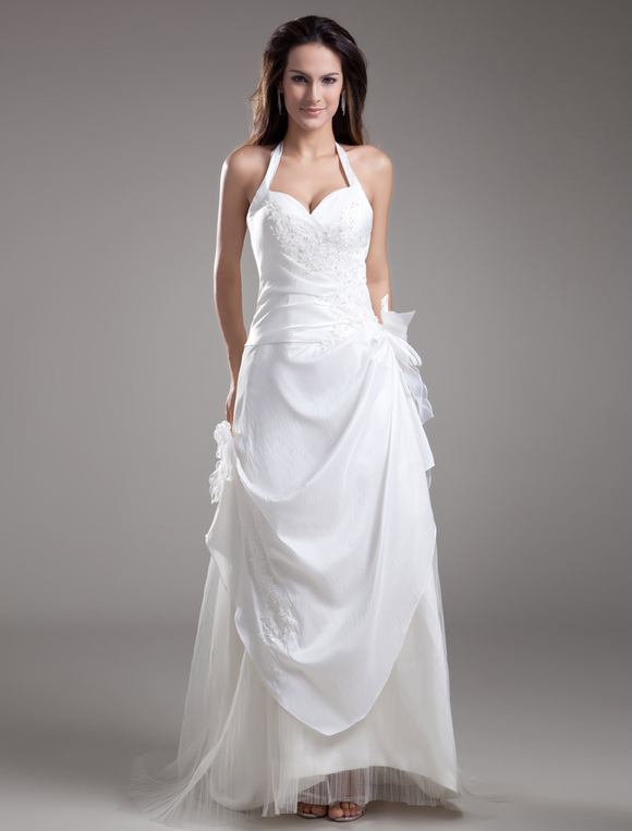 Boda Vestidos de novia | Vestido de novia de tafetán de color blanco con escote Halter - XT83433