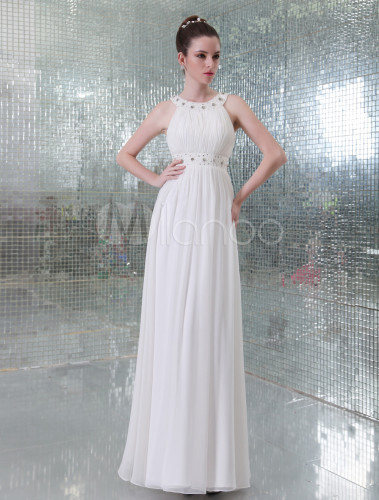 White Jewel Neck A-line Beading Chiffon Evening Dress - Milanoo.com