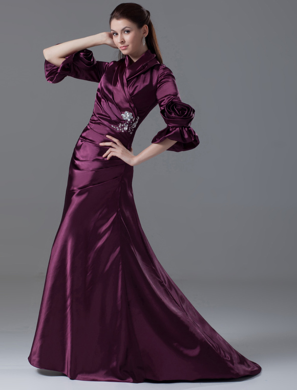 Grape A-line 3/4 Length Sleeves Elastic Woven Satin Evening Dress with ...