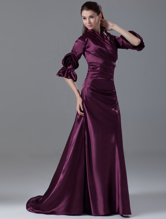Grape A-line 3/4 Length Sleeves Elastic Woven Satin Evening Dress with ...