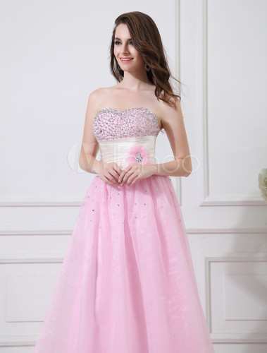 A-line Pink Organza Sweetheart Floor-Length Beading Evening Dress ...