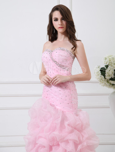Mermaid Pink Sweetheart Floor-Length Organza Pleated Evening Dress ...