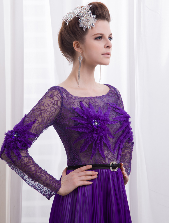 Deep Purple Sequin Scoop Neck Long Sleeves Aline Evening Dress Milanoo