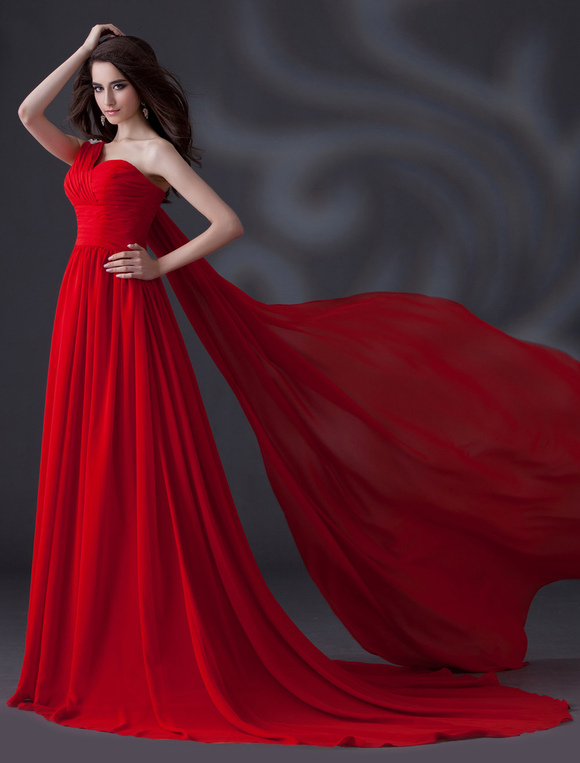 Red One Shoulder Rhinestone Lace Up Chiffon Evening Dress Milanoo Com