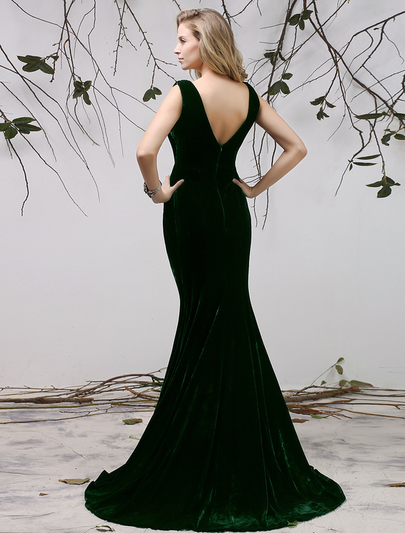 Dark Green V Neck Pleated Mermaid Sleeveless Velvet Evening Dress Wedding Guest Dress Milanoo