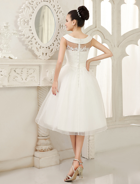 Robe De Mariée Ivoire Mi Longues Découpe Sash Dentelle Mariage Robe Milanoo