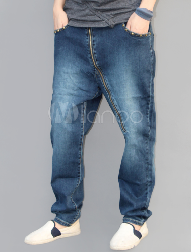 Blue Zipper Solid Color Denim Comfy Harem Jeans For Men - Milanoo.com