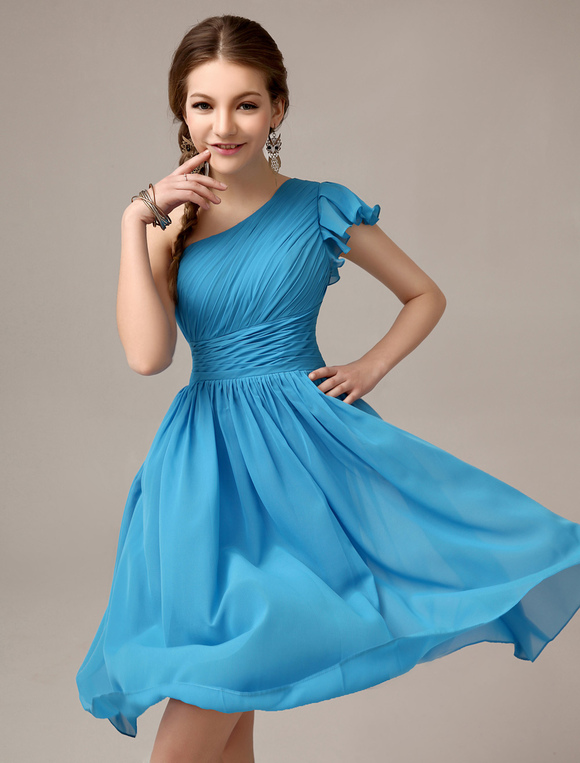 Knee-Length Ocean Blue A-line Ruffles Chiffon Bridesmaid Dress with One ...