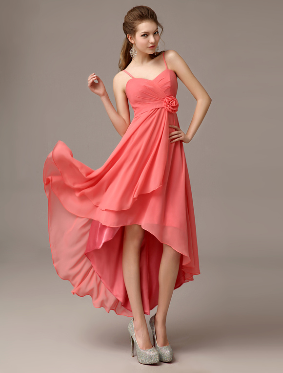 Asymmetrical Sheath Watermelon Flower Chiffon Bridesmaid Dress with ...