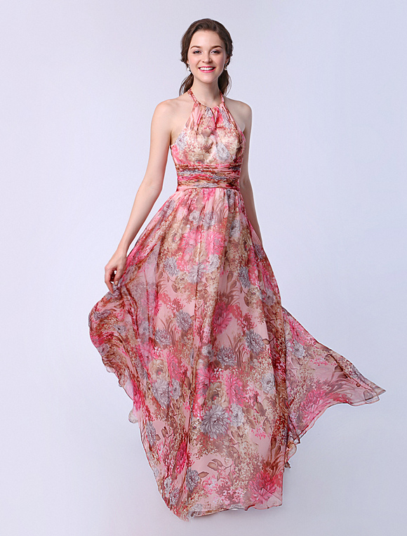 Chiffon A-line Flower Print Prom Dress with Halter Sleeveless Ruched ...